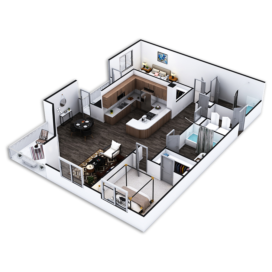 Rendering of the Queensway floor plan with 2 bedroom[s] and 2 bathroom[s] at Griffis Pine Avenue