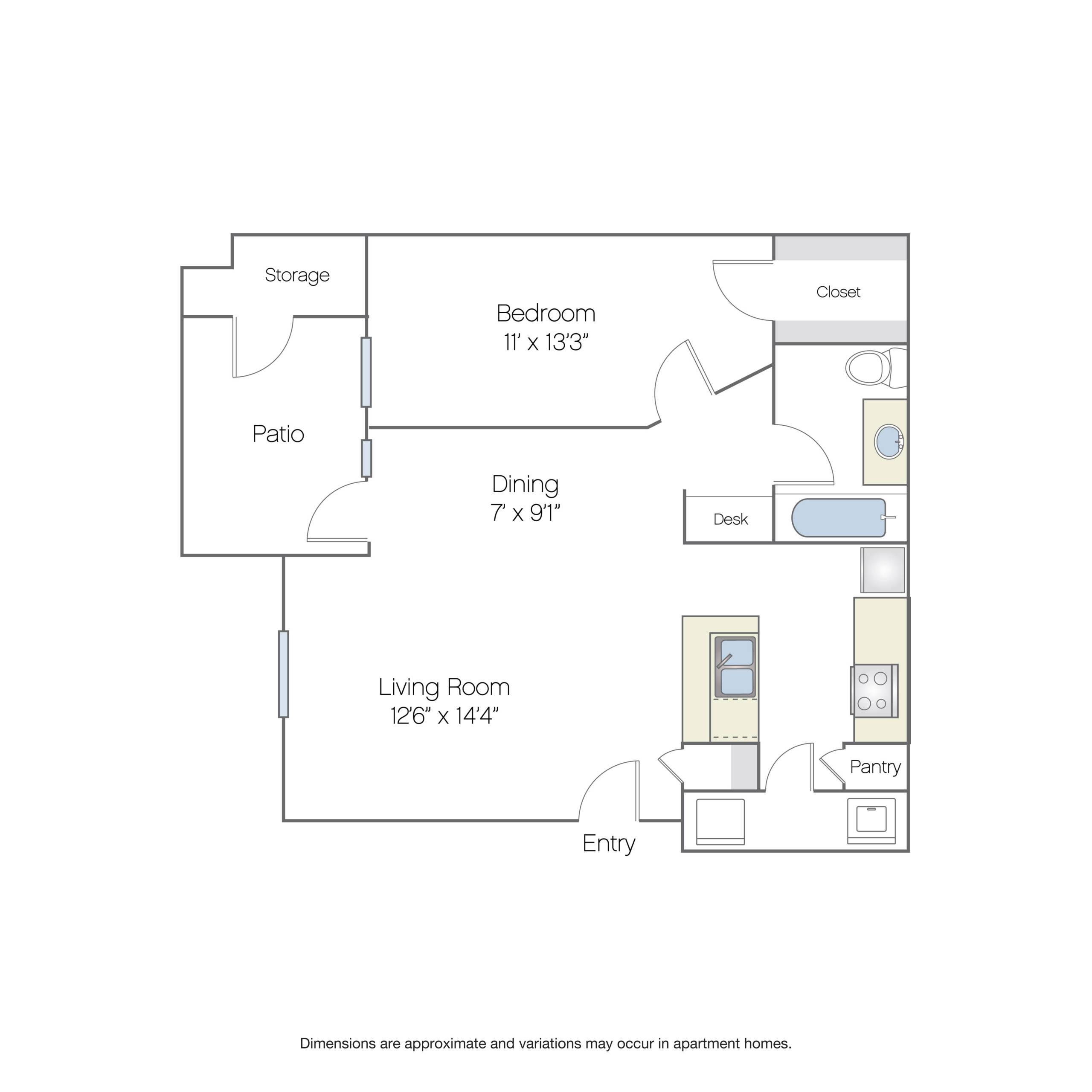 Rendering of the A2 floor plan with 1 bedroom[s] and 1 bathroom[s] at Griffis North Creek