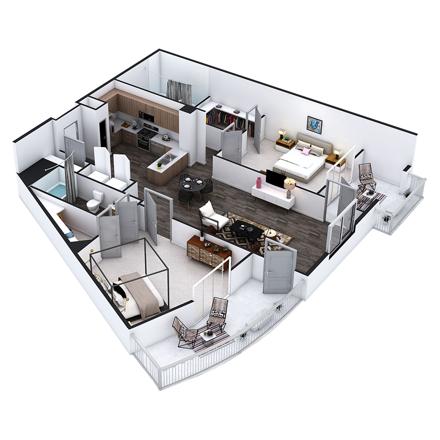 Rendering of the Hermosa floor plan with 2 bedroom[s] and 2 bathroom[s] at Griffis Pine Avenue