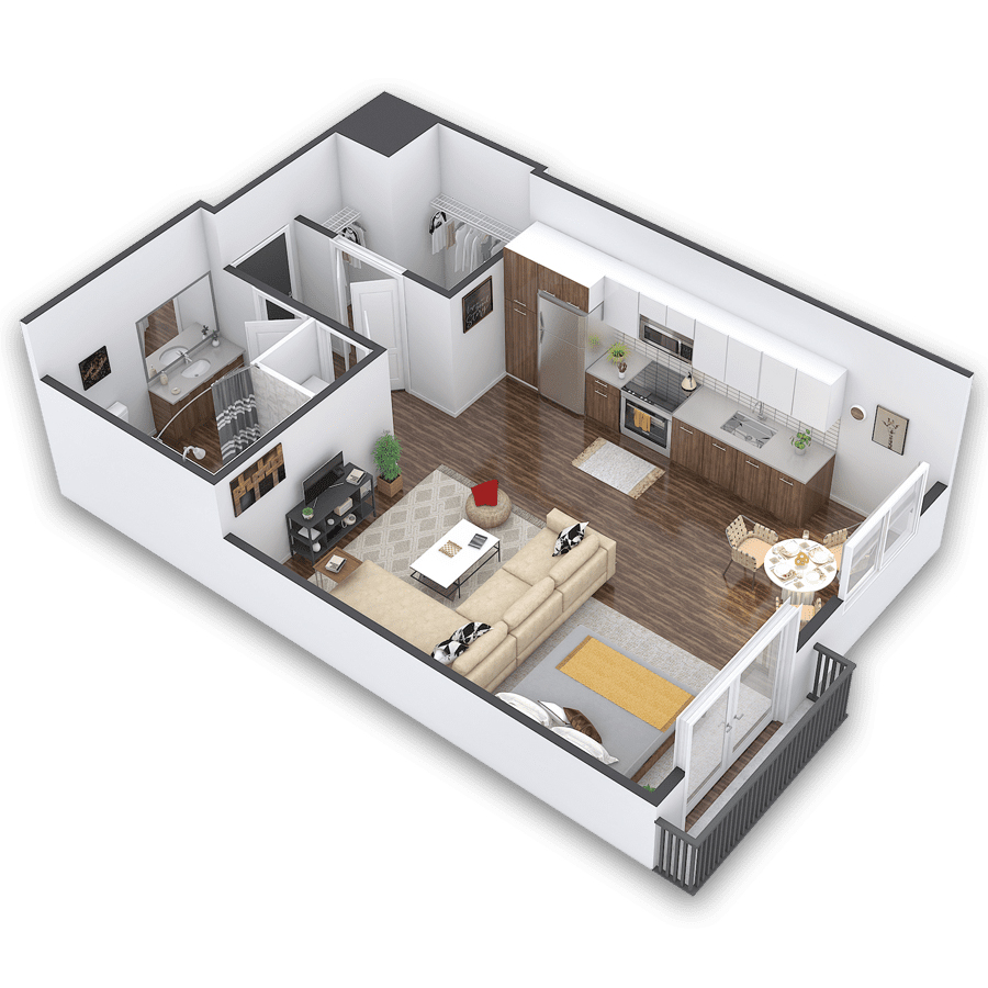 Rendering of the Bartali floor plan with a Studio bedroom and 1 bathroom[s] at Griffis Cherry Creek