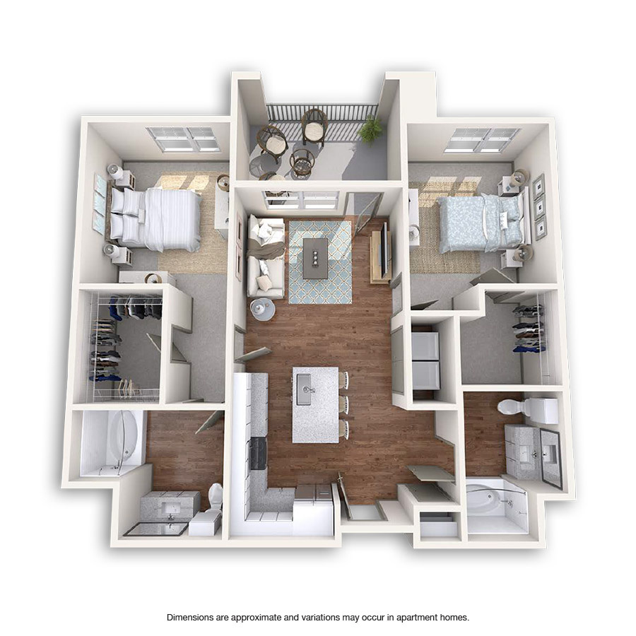 Rendering of the Ogden floor plan with 2 bedroom[s] and 2 bathroom[s] at Griffis at Fiddler's Green