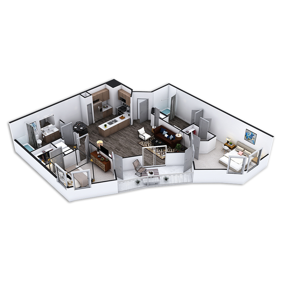 Rendering of the Manhattan floor plan with 2 bedroom[s] and 2 bathroom[s] at Griffis Pine Avenue