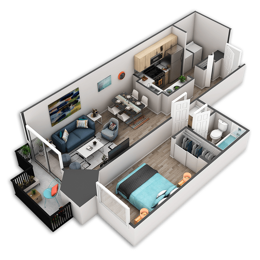 Rendering of the Sorrento floor plan with 1 bedroom[s] and 1 bathroom[s] at Griffis Belltown