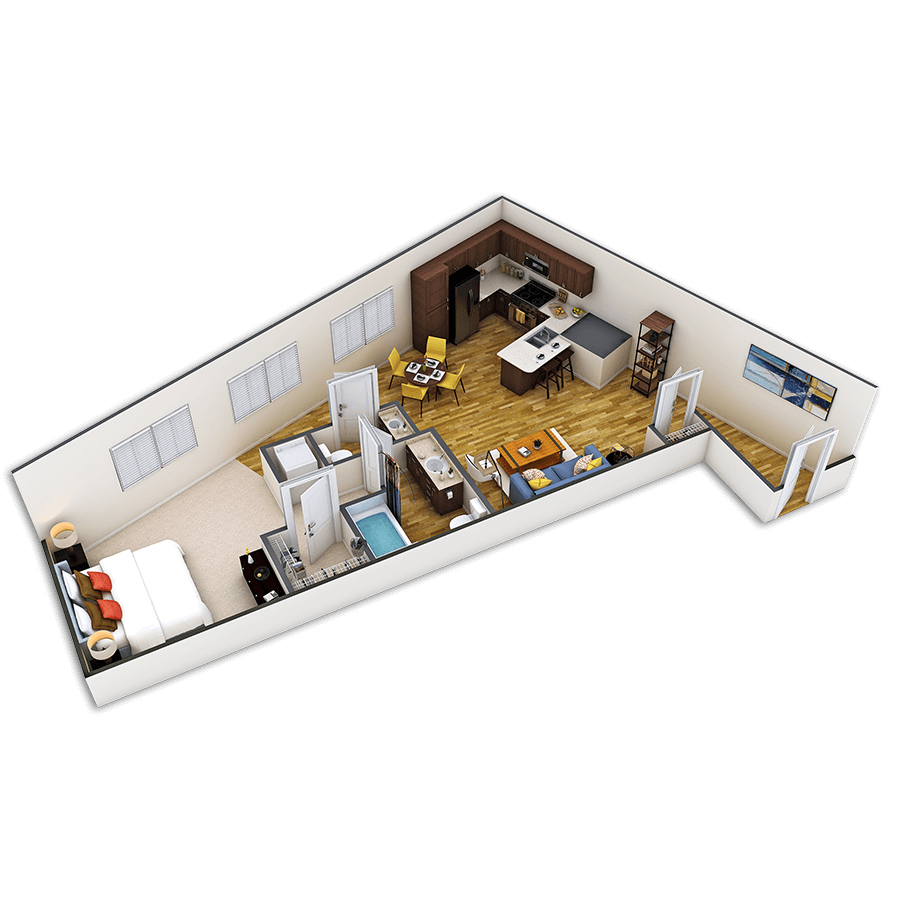 Rendering of the Welton Platinum floor plan with 1 bedroom[s] and 1.5 bathroom[s] at Griffis Union Station