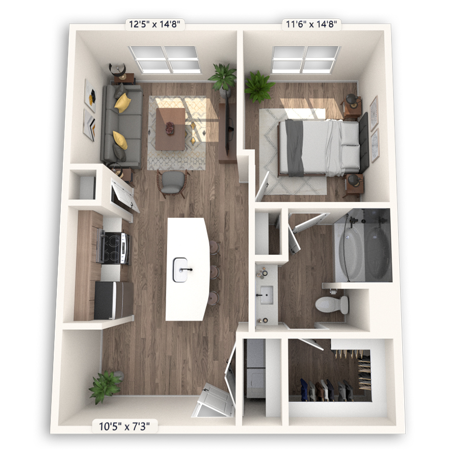 Rendering of the Paris Platinum floor plan with 1 bedroom[s] and 1 bathroom[s] at Griffis at The Domain