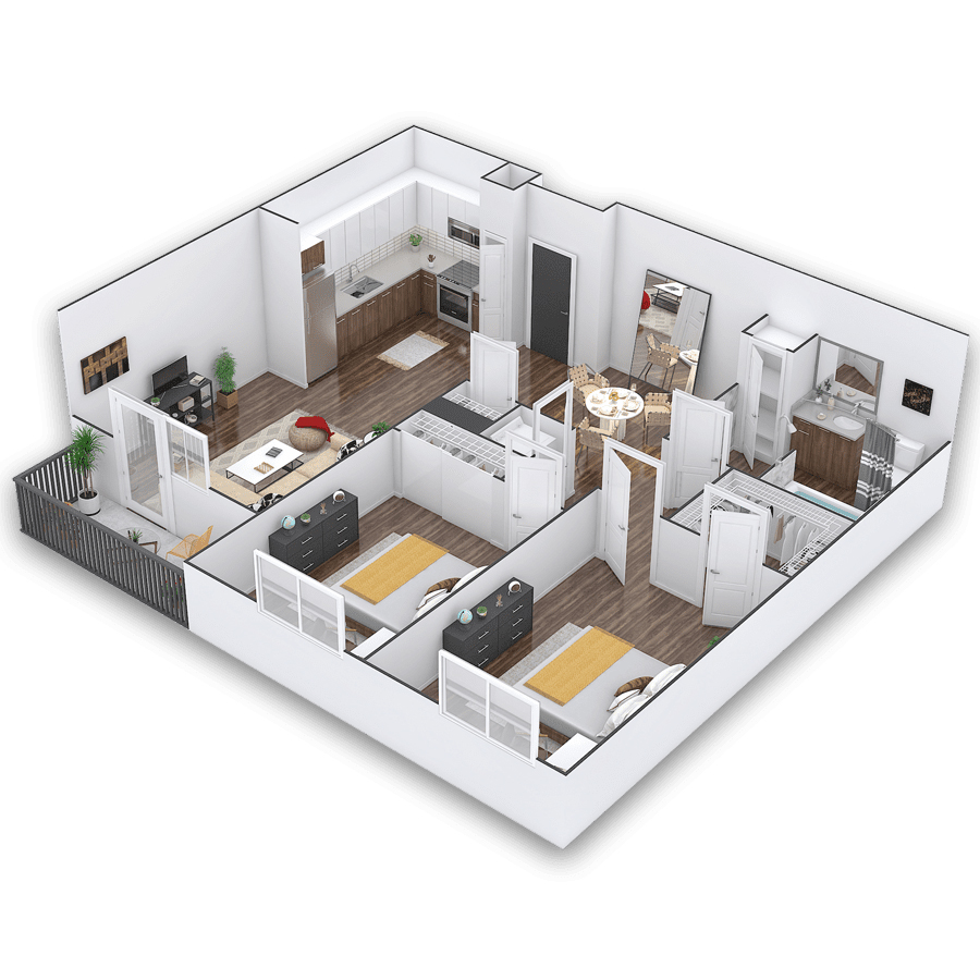 Rendering of the Schleck floor plan with 2 bedroom[s] and 1 bathroom[s] at Griffis Cherry Creek