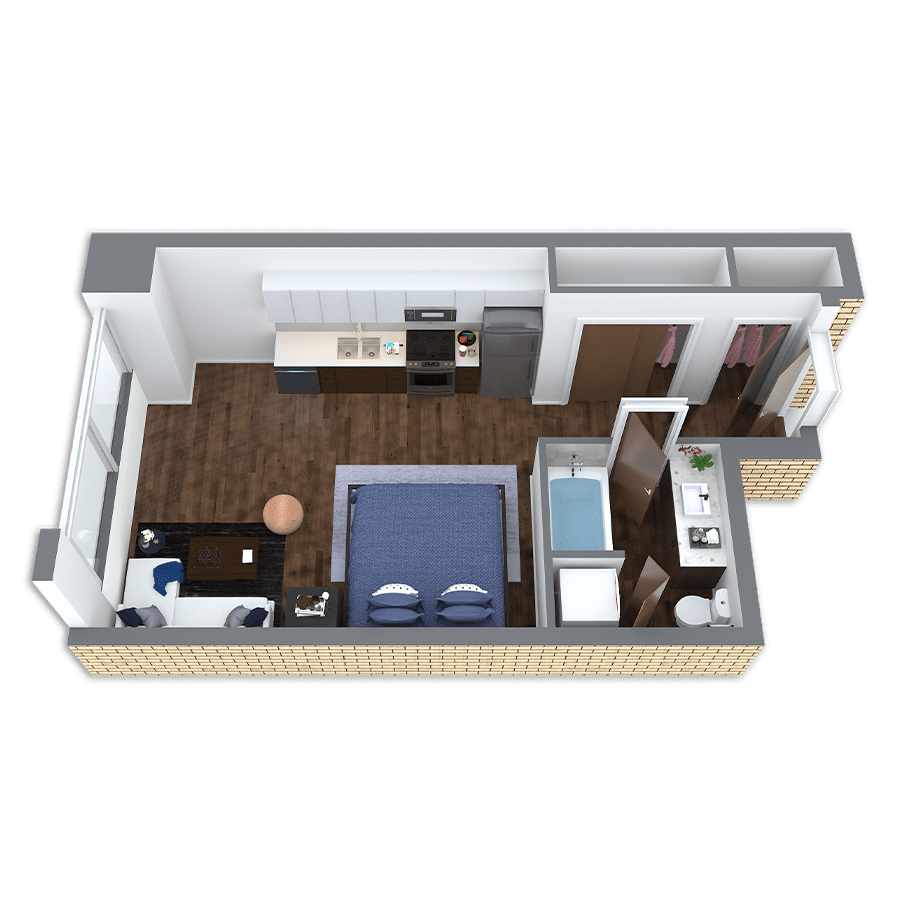 Rendering of the Sandy floor plan with a Studio bedroom and 1 bathroom[s] at Griffis South Waterfront