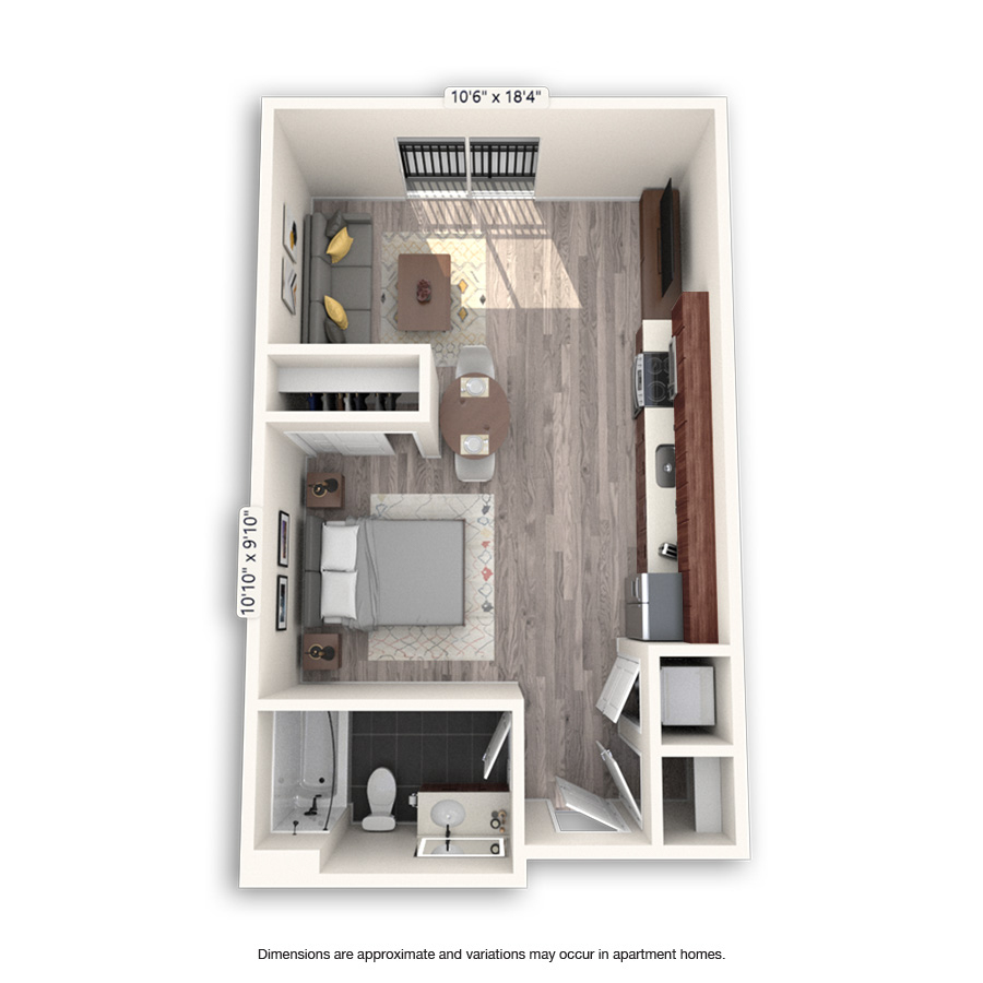 Rendering of the Echo floor plan with a Studio bedroom and 1 bathroom[s] at Griffis Cheesman Park