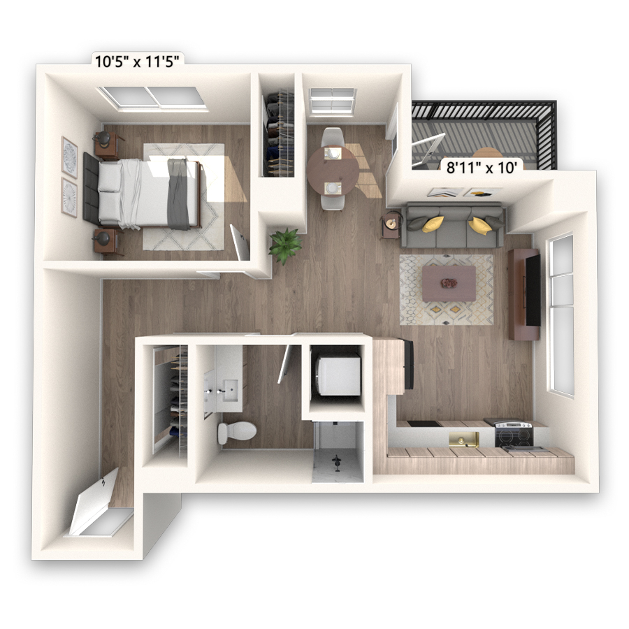 Rendering of the Capitol floor plan with 1 bedroom[s] and 1 bathroom[s] at Griffis LoDo