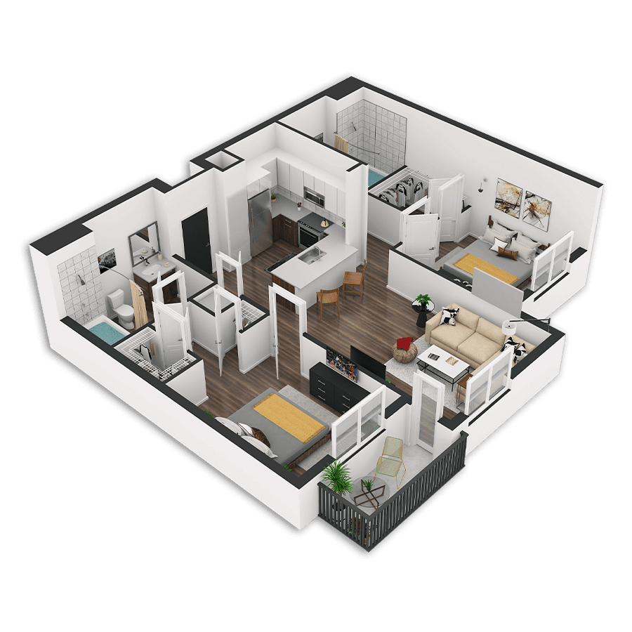 Rendering of the Sagan floor plan with 2 bedroom[s] and 2 bathroom[s] at Griffis Cherry Creek