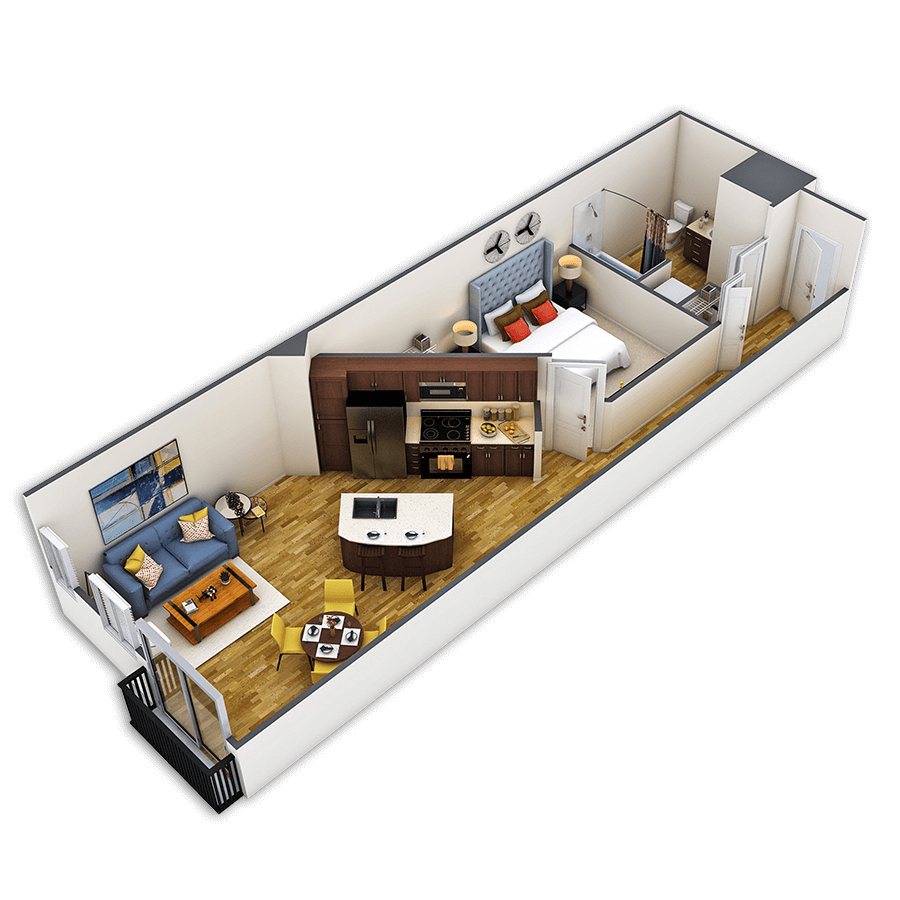 Rendering of the Larimer floor plan with 1 bedroom[s] and 1 bathroom[s] at Griffis Union Station