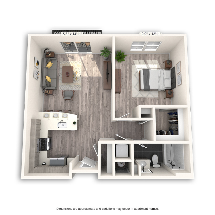 Rendering of the Commons Platinum floor plan with 1 bedroom[s] and 1 bathroom[s] at Griffis Cheesman Park