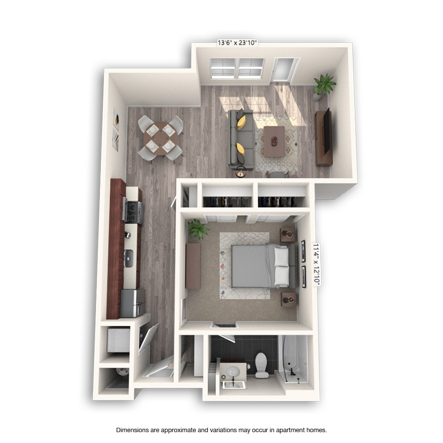 Rendering of the Central floor plan with 1 bedroom[s] and 1 bathroom[s] at Griffis Cheesman Park