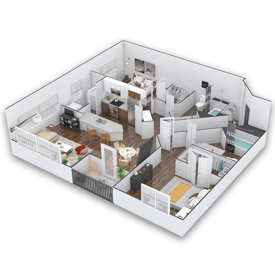 Rendering of the Thomas floor plan with 2 bedroom[s] and 2 bathroom[s] at Griffis Cherry Creek