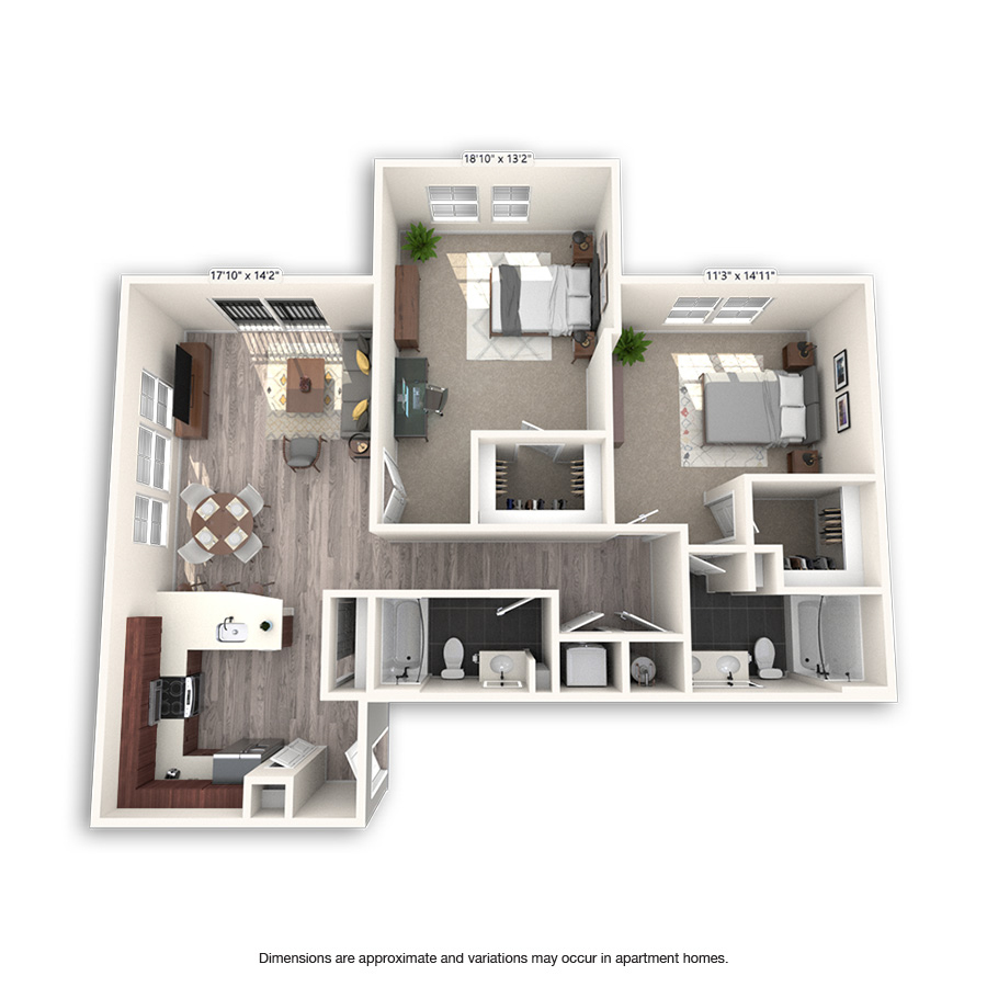 Rendering of the Civic floor plan with 2 bedroom[s] and 2 bathroom[s] at Griffis Cheesman Park