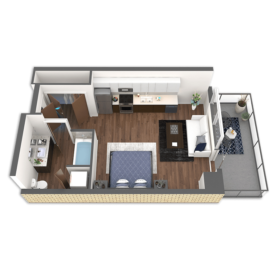 Rendering of the Columbia floor plan with a Studio bedroom and 1 bathroom[s] at Griffis South Waterfront
