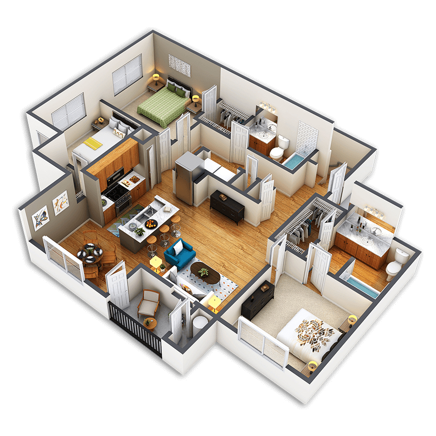 Rendering of the Lawrence3 floor plan with 3 bedroom[s] and 2 bathroom[s] at Griffis Fitzsimons South