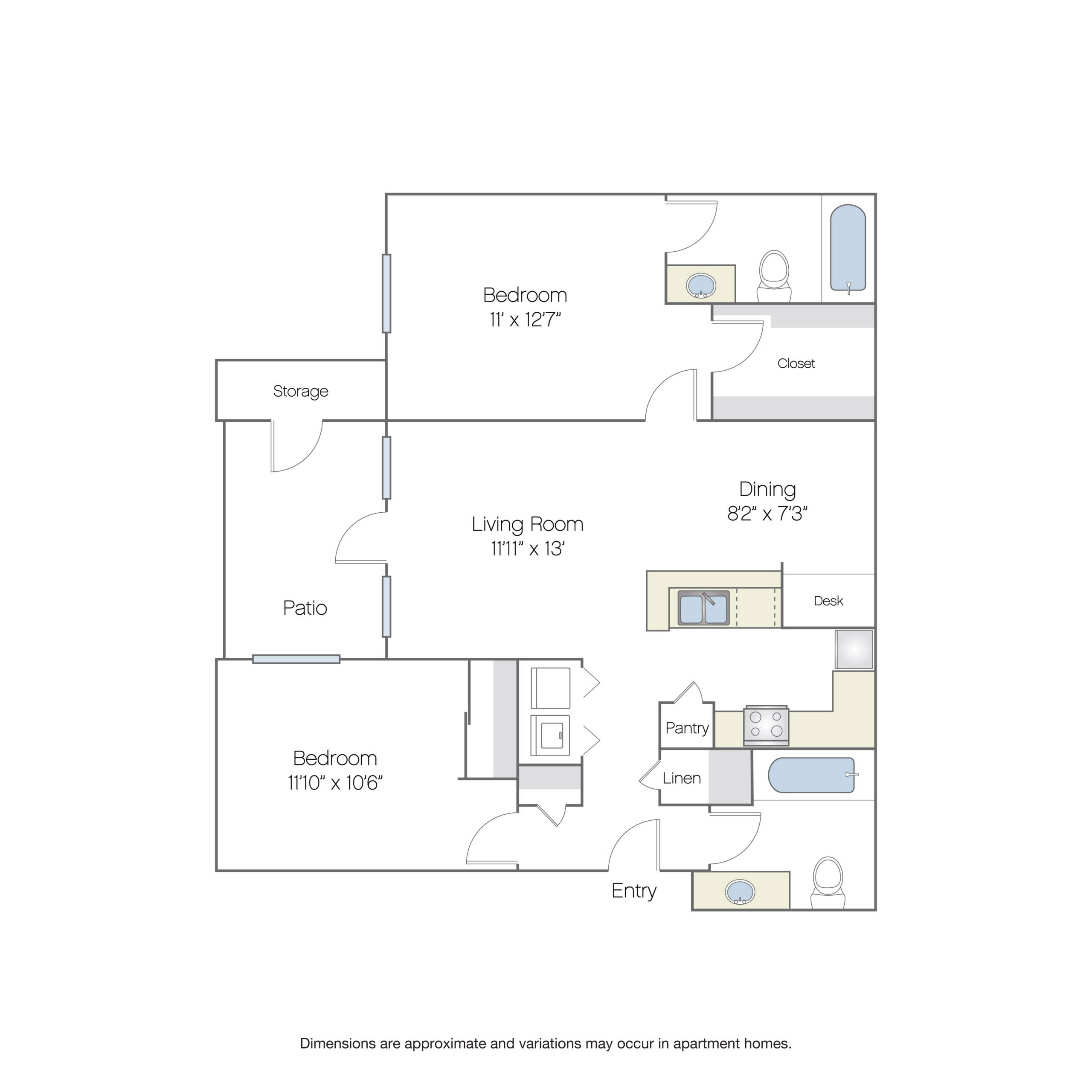 Rendering of the B2 floor plan with 2 bedroom[s] and 2 bathroom[s] at Griffis North Creek