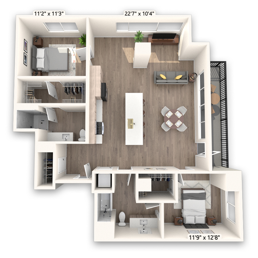 Rendering of the Sunlight floor plan with 2 bedroom[s] and 2 bathroom[s] at Griffis LoDo