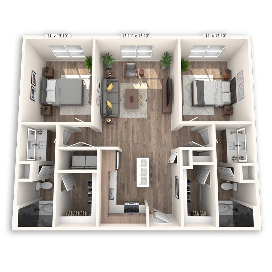 Rendering of the Tel Aviv floor plan with 2 bedroom[s] and 2 bathroom[s] at Griffis at The Domain