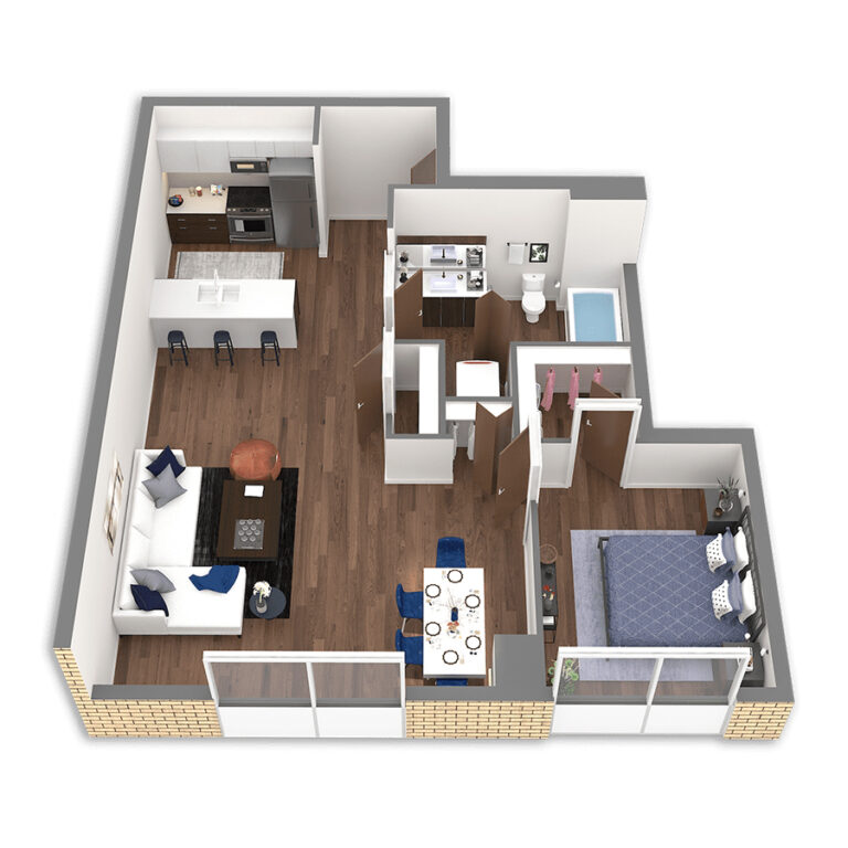 Rendering of the Clearwater floor plan with 1 bedroom[s] and 1 bathroom[s] at Griffis South Waterfront