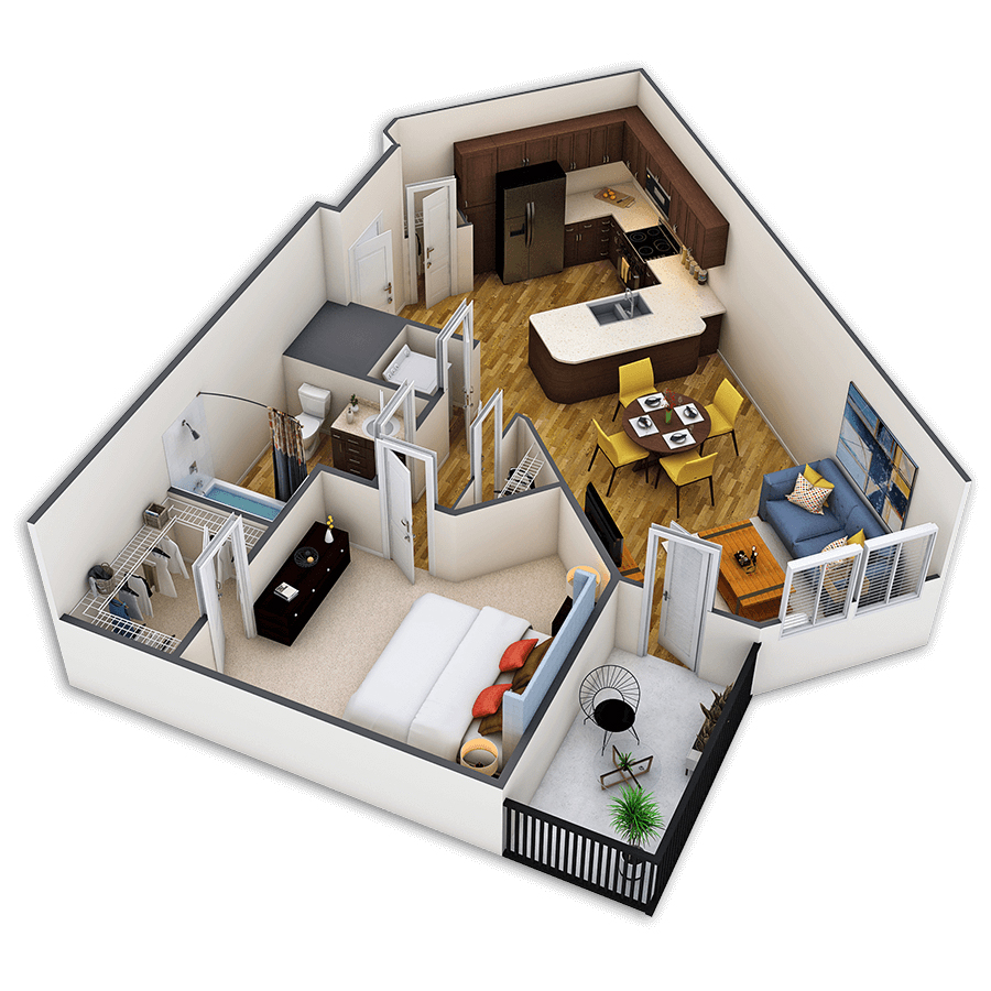 Rendering of the Blake floor plan with 1 bedroom[s] and 1 bathroom[s] at Griffis Union Station