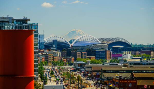 Lumen Field and T-Mobile Park in Seattle with Mount Rainier in the distance