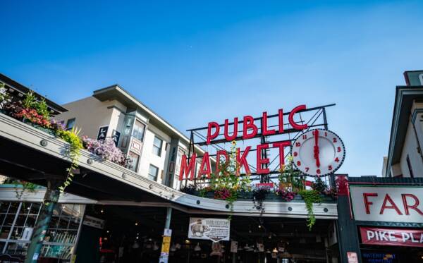 Public Market Center sign at Pike Place Market in downtown Seattle