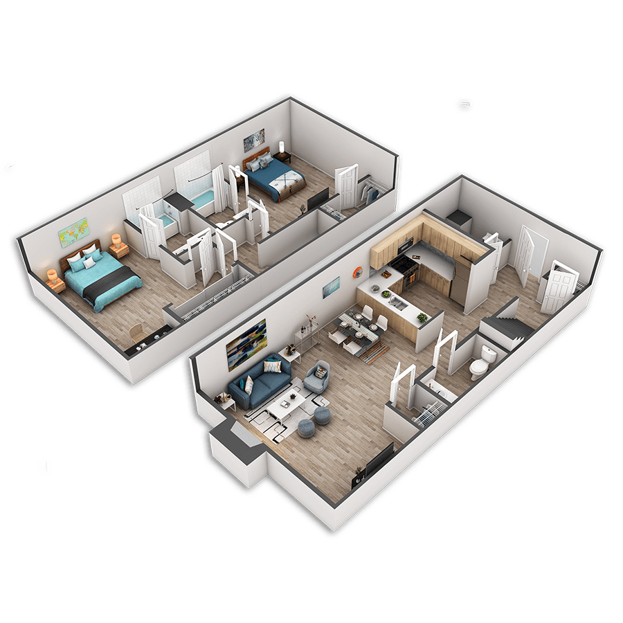 Rendering of the Samammish floor plan with 2 bedroom[s] and 2 bathroom[s] at Griffis Belltown