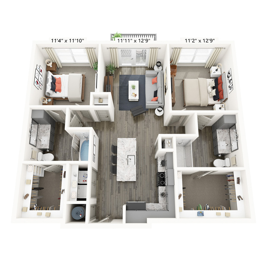 Rendering of the Pioneer floor plan with 2 bedroom[s] and 2 bathroom[s] at Griffis Frisco