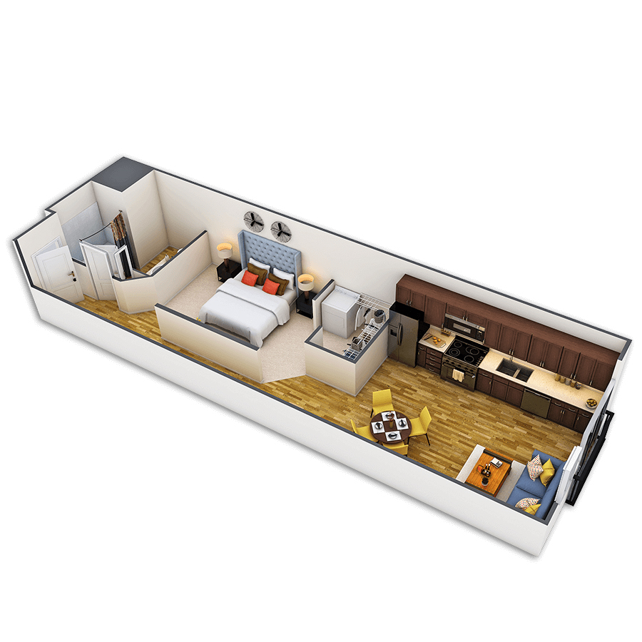 Rendering of the Broadway floor plan with 1 bedroom[s] and 1 bathroom[s] at Griffis Union Station