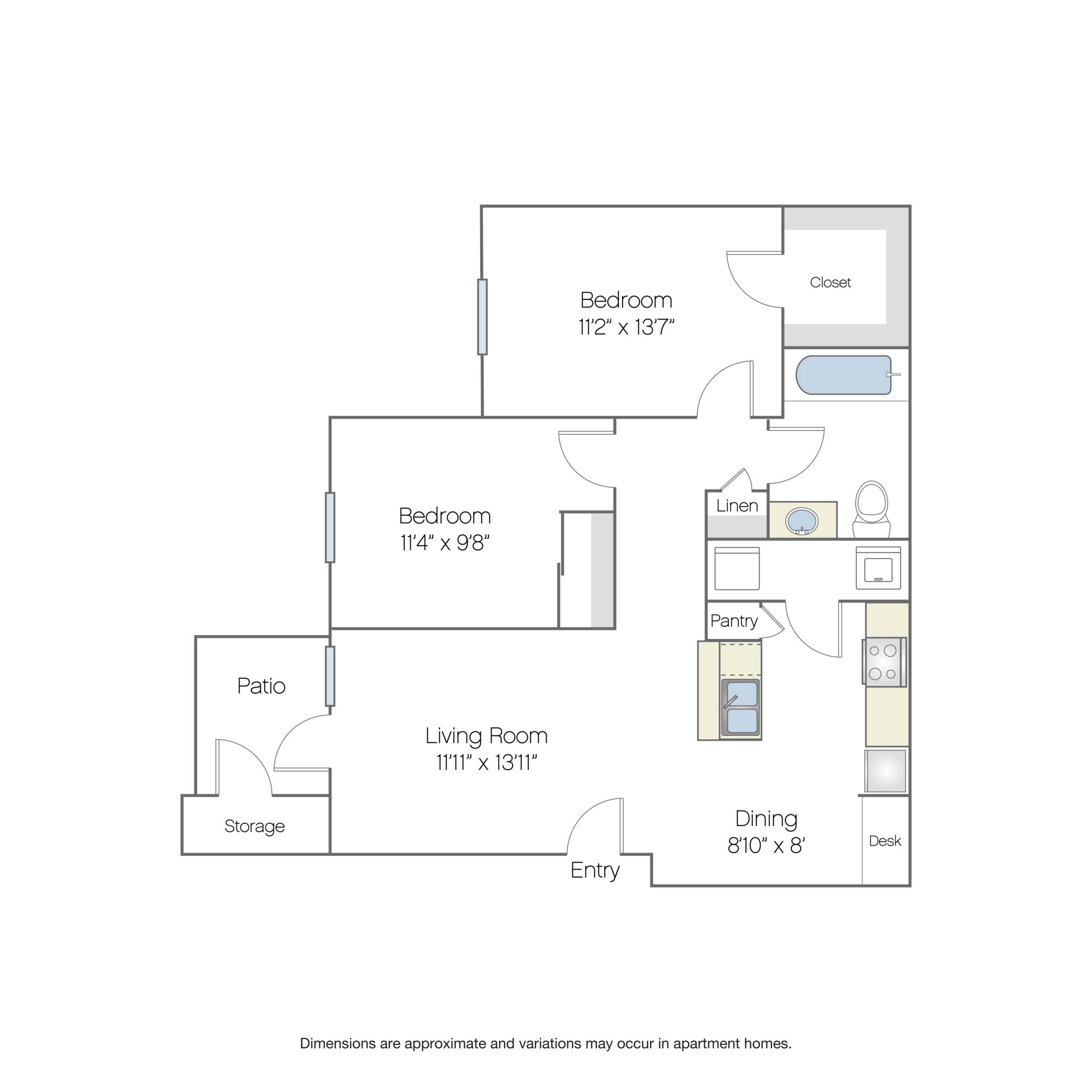Rendering of the B1 floor plan with 2 bedroom[s] and 1 bathroom[s] at Griffis North Creek