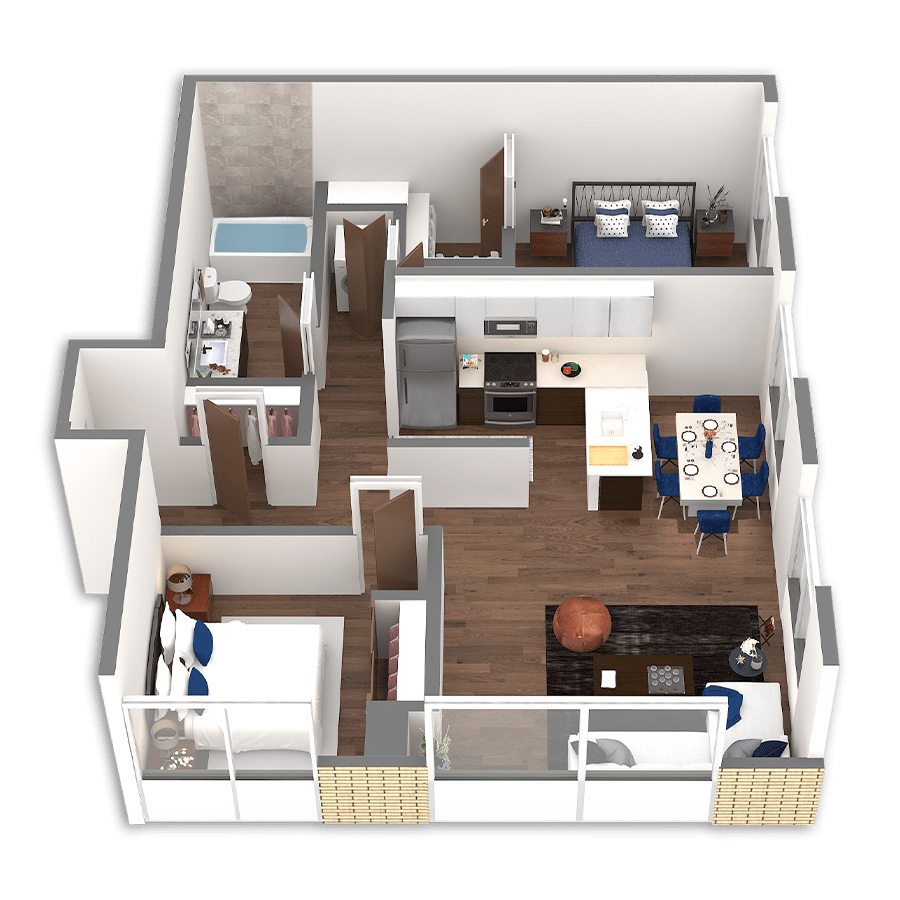 Rendering of the Millicoma Platinum floor plan with 2 bedroom[s] and 1 bathroom[s] at Griffis South Waterfront