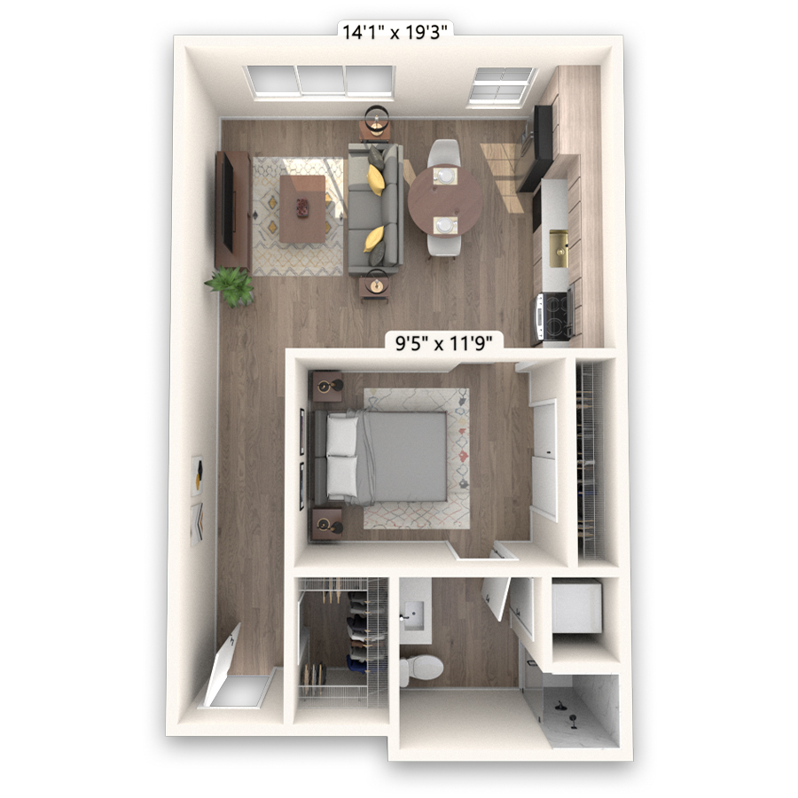 Rendering of the Blanca floor plan with 1 bedroom[s] and 1 bathroom[s] at Griffis LoDo