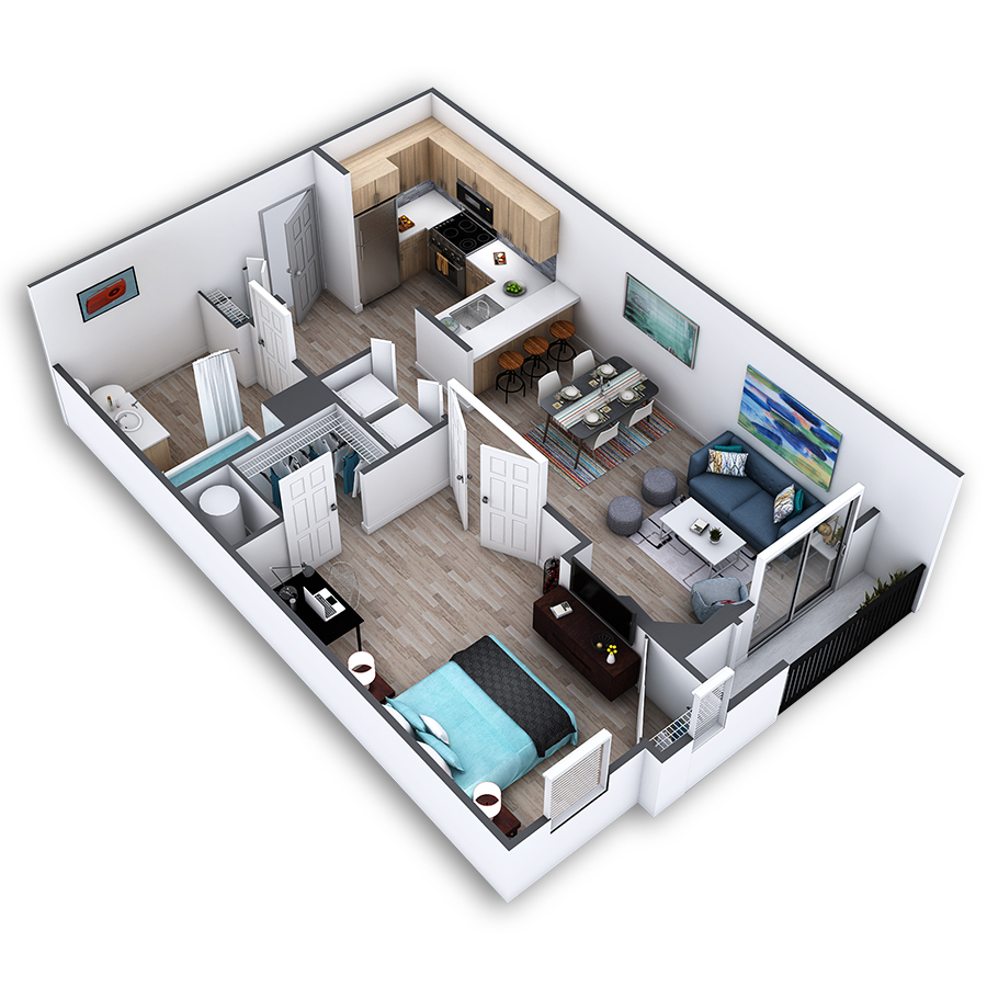 Rendering of the Moore floor plan with 1 bedroom[s] and 1 bathroom[s] at Griffis Belltown