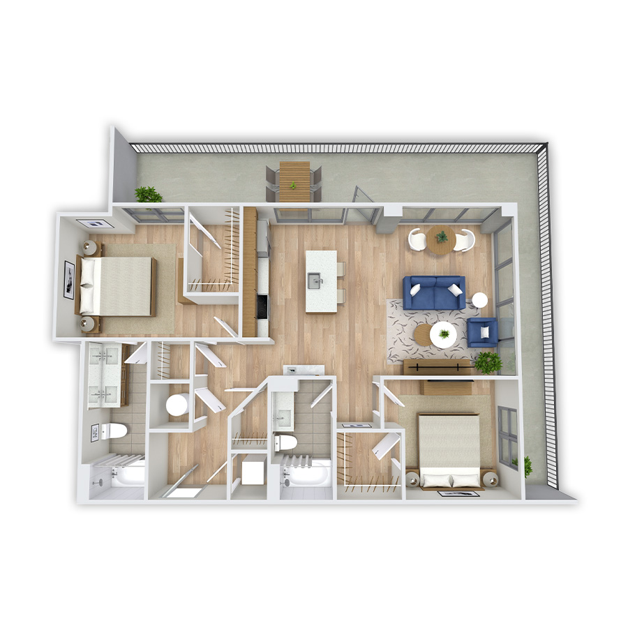 Rendering of the Rosalie floor plan with 2 bedroom[s] and 2 bathroom[s] at Griffis Platform Union Station