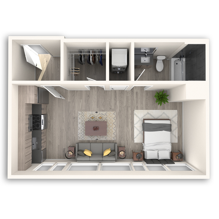 Rendering of the Georgetown floor plan with a Studio bedroom and 1 bathroom[s] at Griffis Seattle Waterfront
