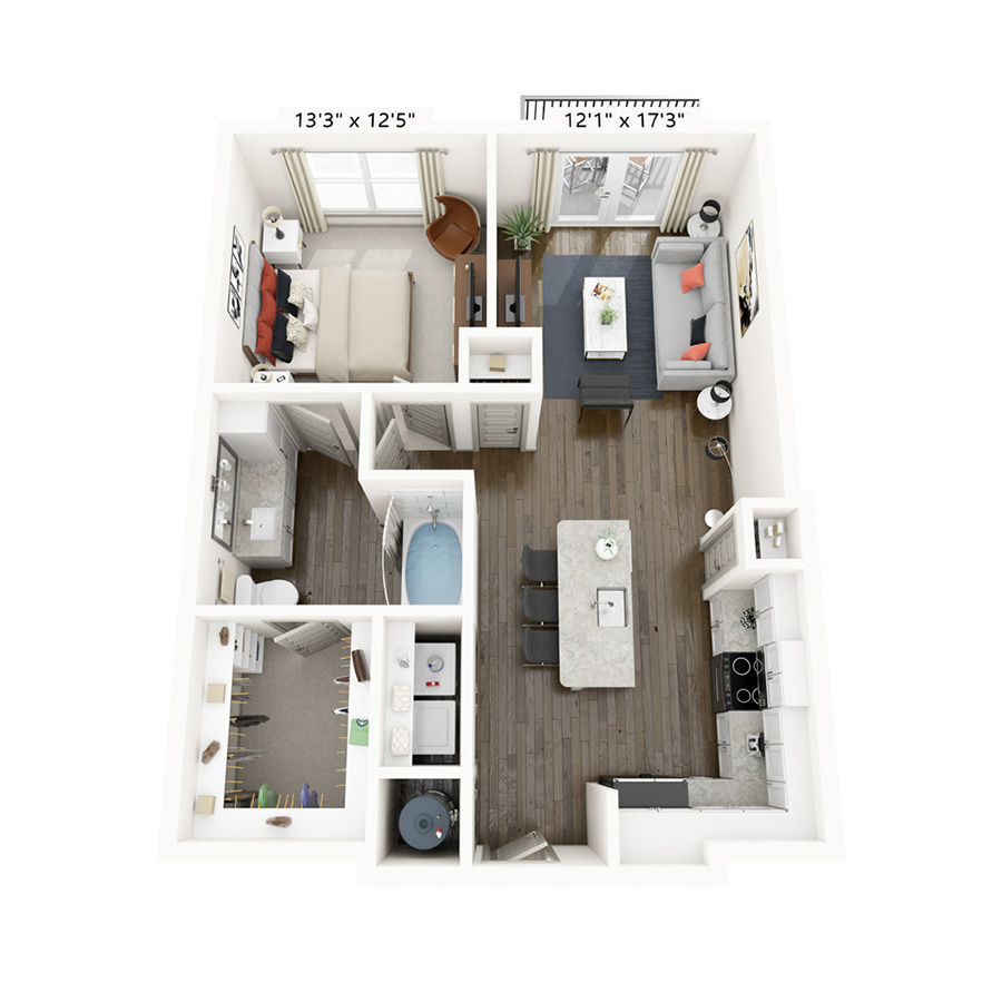 Rendering of the Hillcrest floor plan with 1 bedroom[s] and 1 bathroom[s] at Griffis Frisco