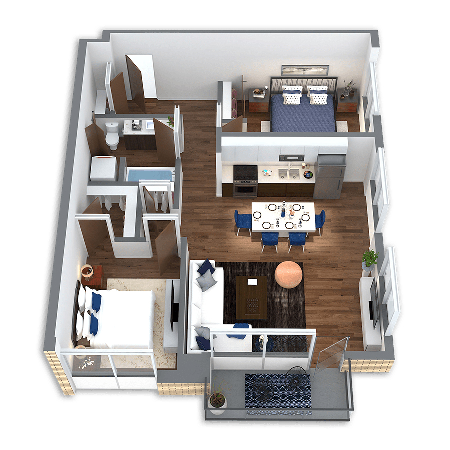 Rendering of the Marys Platinum Penthouse floor plan with 2 bedroom[s] and 1 bathroom[s] at Griffis South Waterfront