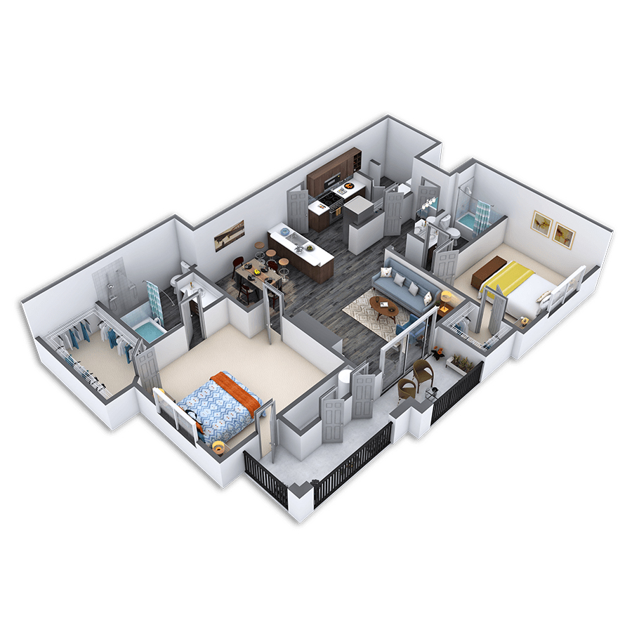 Rendering of the Superior floor plan with 2 bedroom[s] and 2 bathroom[s] at Griffis Lakeline Station