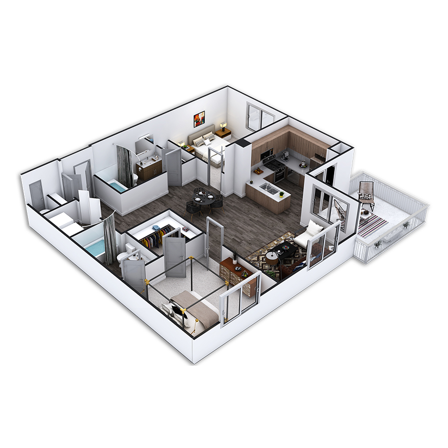 Rendering of the Redondo Platinum floor plan with 2 bedroom[s] and 2 bathroom[s] at Griffis Pine Avenue