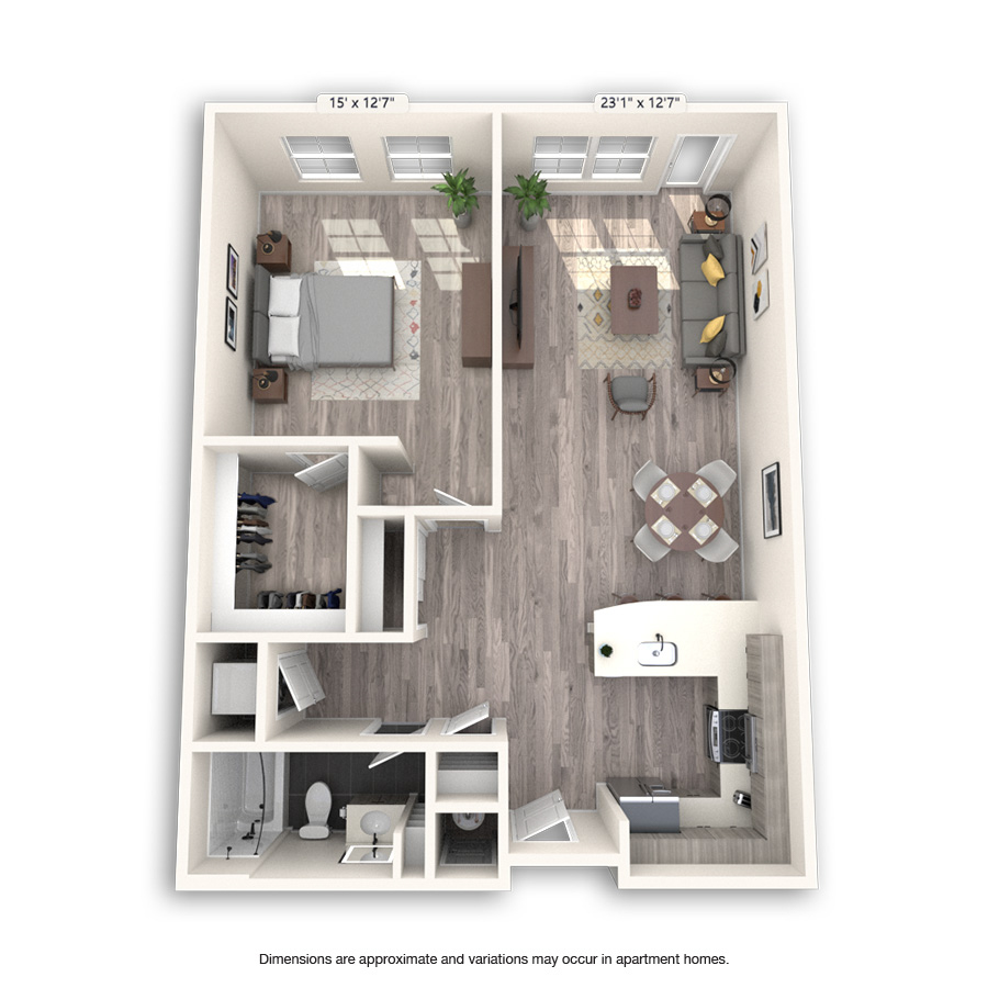 Rendering of the Congress Platinum floor plan with 1 bedroom[s] and 1 bathroom[s] at Griffis Cheesman Park