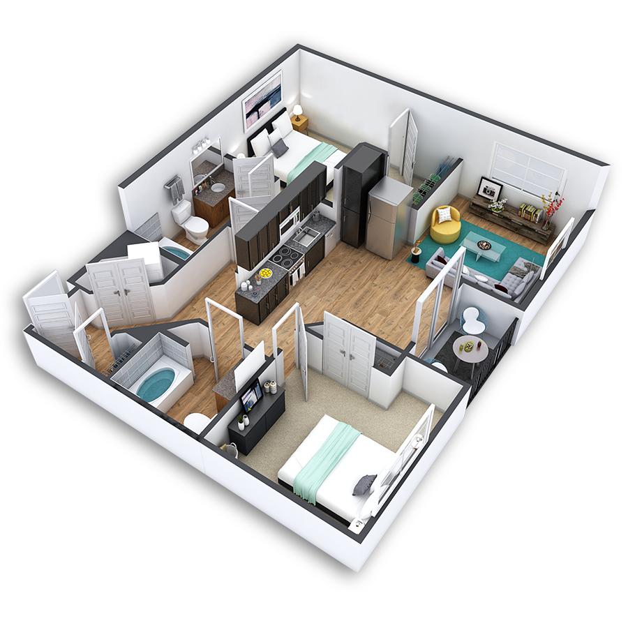 Rendering of the Lincoln Park Platinum floor plan with 1 bedroom[s] and 2 bathroom[s] at Griffis North Union