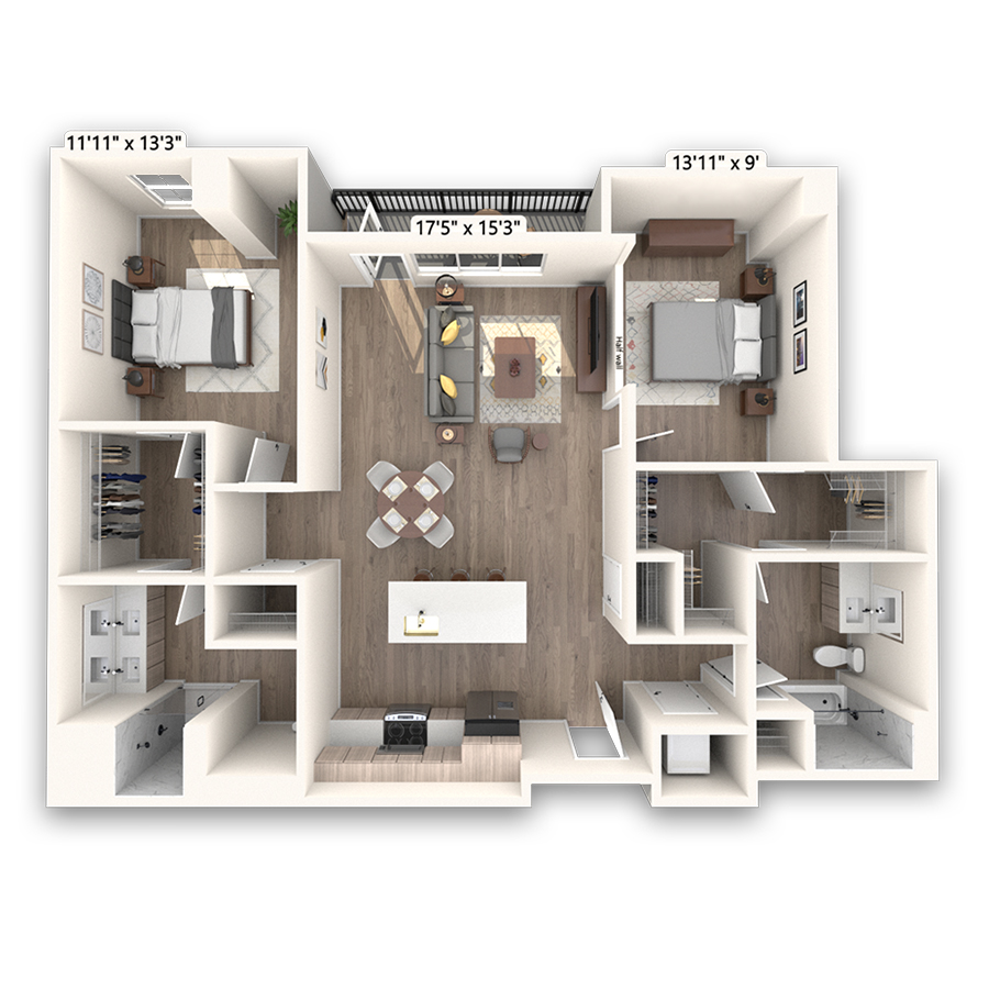 Rendering of the Sherman Platinum floor plan with 2 bedroom[s] and 2 bathroom[s] at Griffis LoDo