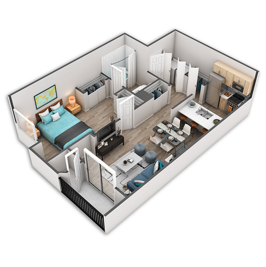 Rendering of the Jefferson floor plan with 1 bedroom[s] and 1 bathroom[s] at Griffis Belltown