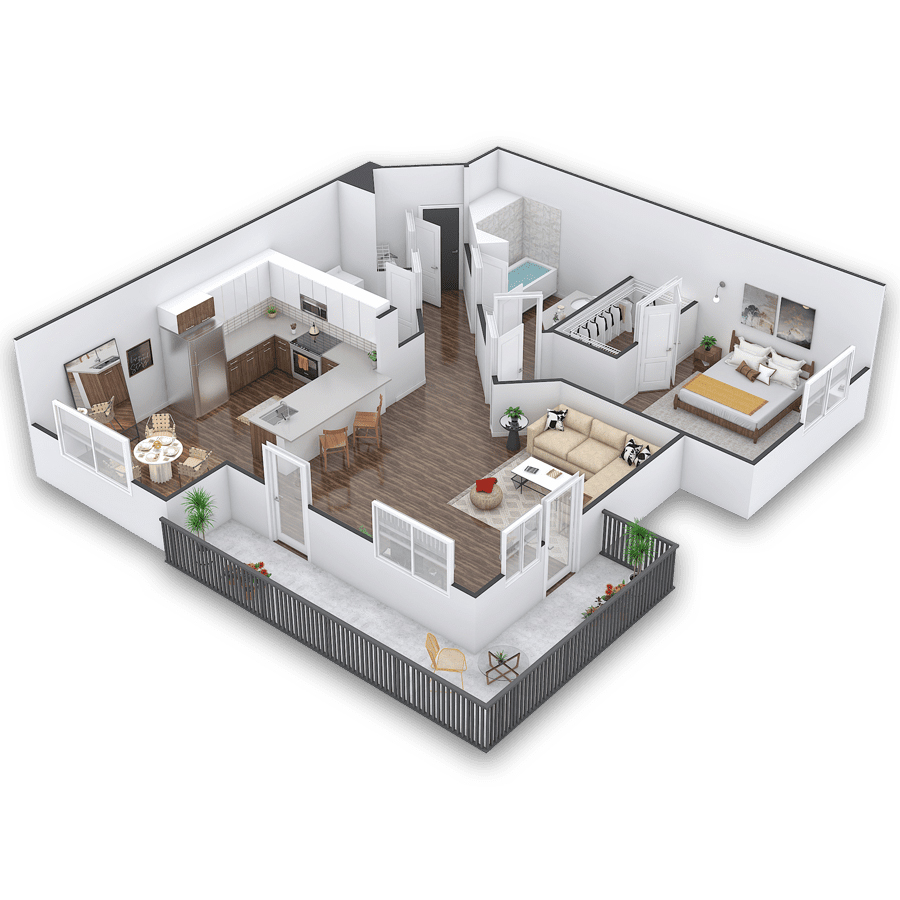Rendering of the Obree floor plan with 1 bedroom[s] and 1 bathroom[s] at Griffis Cherry Creek