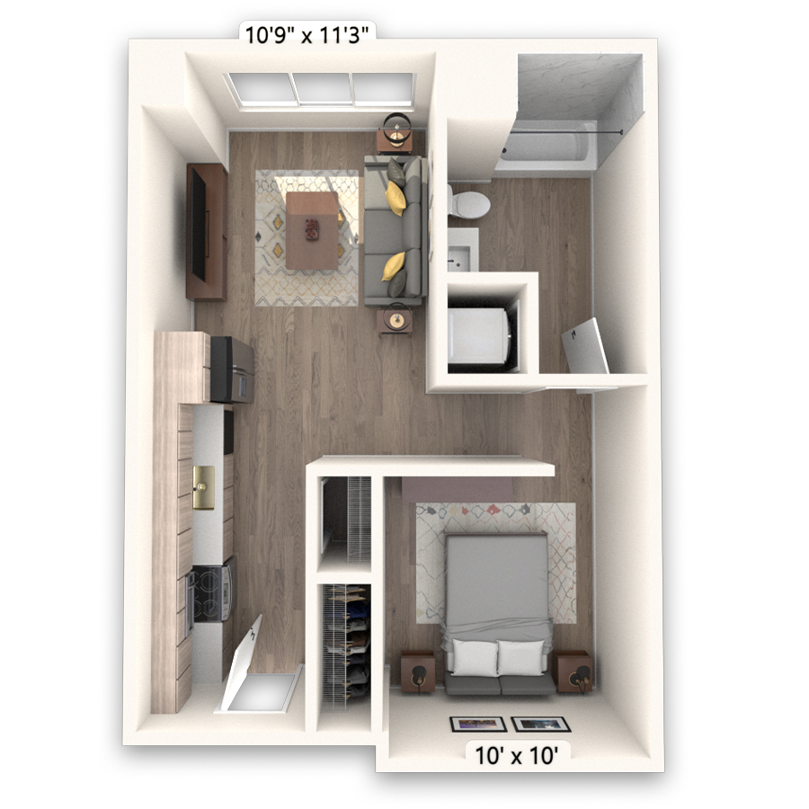 Rendering of the Belford Platinum floor plan with a Studio bedroom and 1 bathroom[s] at Griffis LoDo