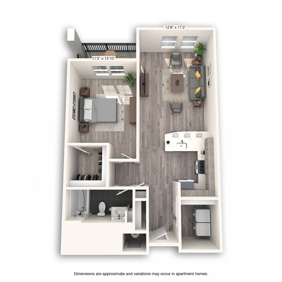 Rendering of the Fuller Platinum floor plan with 1 bedroom[s] and 1 bathroom[s] at Griffis Cheesman Park