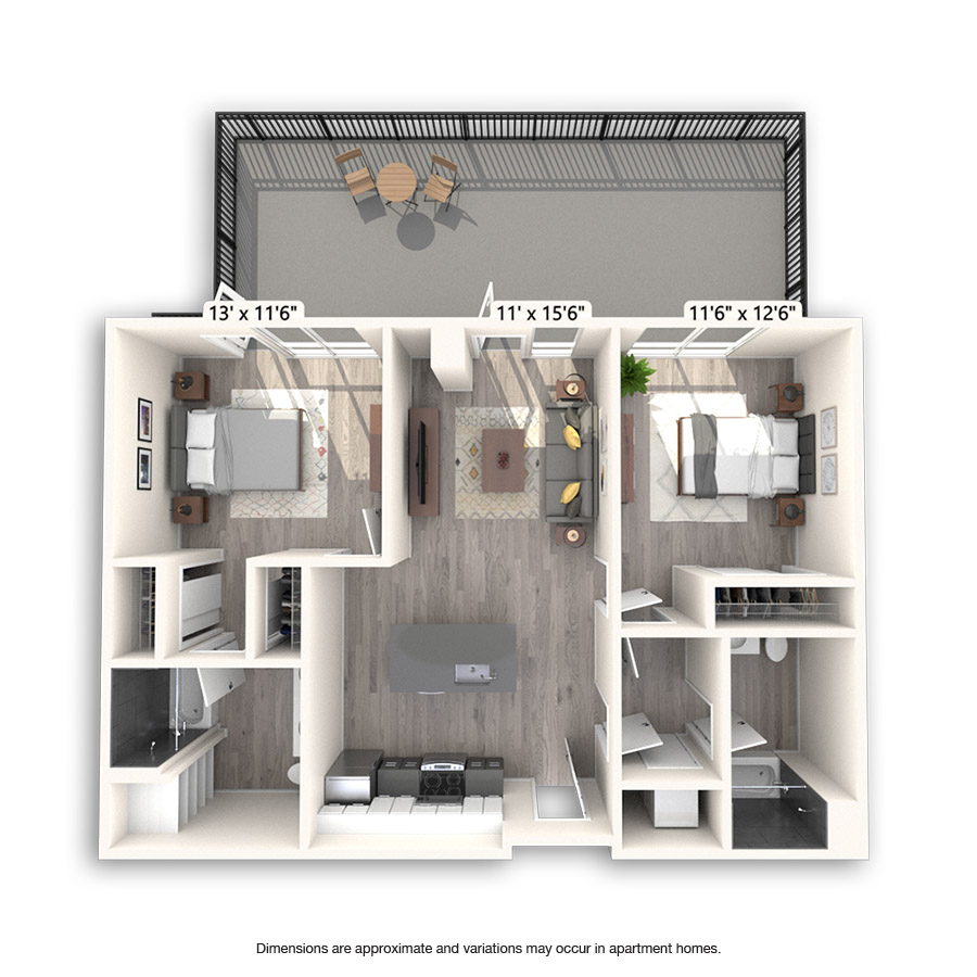 Rendering of the San Francisco floor plan with 2 bedroom[s] and 2 bathroom[s] at Griffis East Village