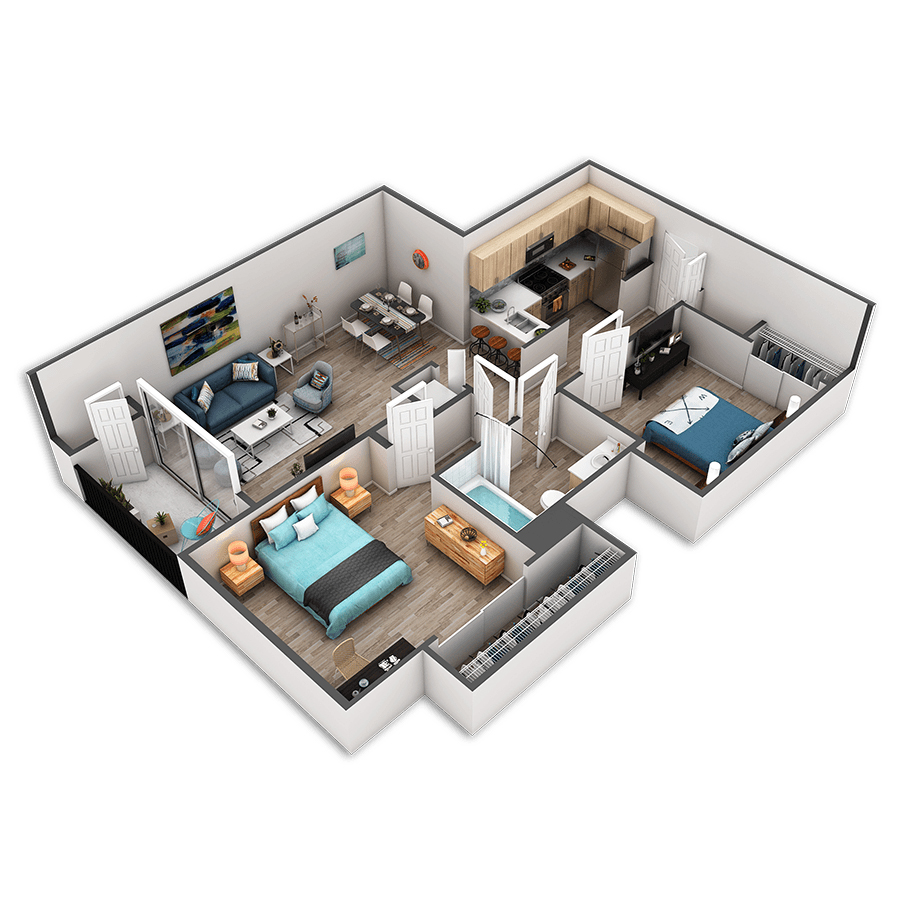Rendering of the Lenora Platinum floor plan with 2 bedroom[s] and 1 bathroom[s] at Griffis Belltown